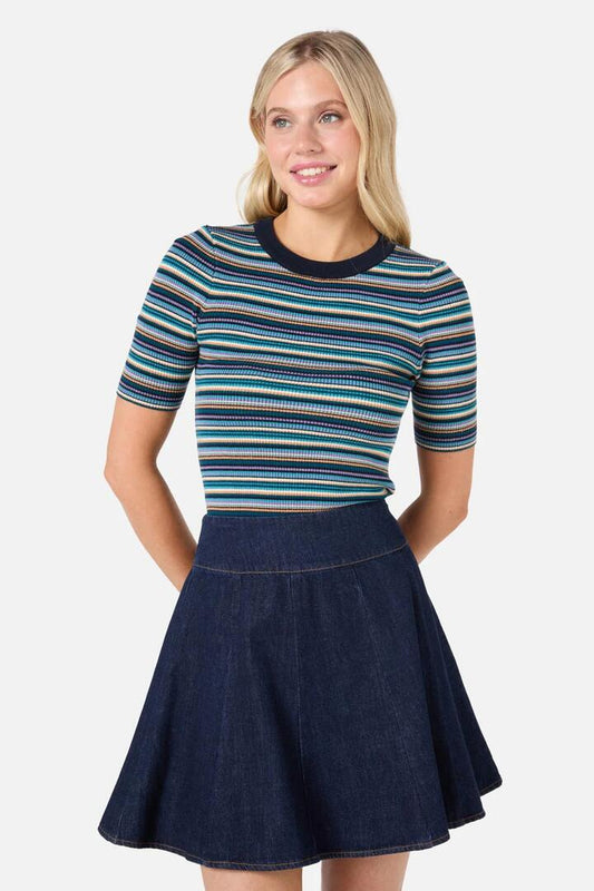 Image of a model wearing Tops. Productname: Cydney Stripe Rib Knit Top in Navy colour by brand - Princess Highway