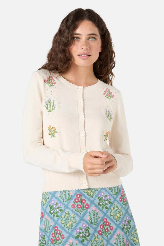 Image of a model wearing Outerwear. Productname: Lattice Embroidered Cardigan in Cream colour by brand - Princess Highway