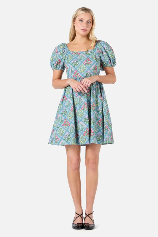 Image of a model wearing Dress. Productname: Lattice Floral Mini Dress in Blue colour by brand - Princess Highway