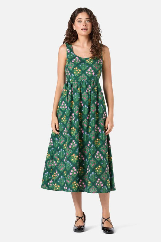 Image of a model wearing Dress. Productname: Lattice Floral Midi Dress in Green colour by brand - Princess Highway