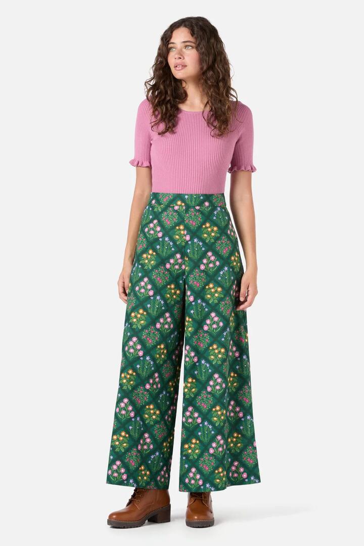 Image of a model wearing Pants. Productname: Lattice Floral Culotte in Green colour by brand - Princess Highway