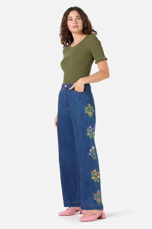Image of a model wearing Denim. Productname: Lattice Embroidered Jean in Blue Denim colour by brand - Princess Highway