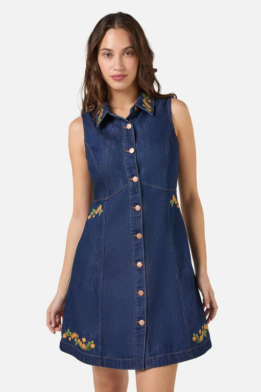 Image of a model wearing Dress. Productname: Flower Child Embroidered Dress in Blue Denim colour by brand - Princess Highway