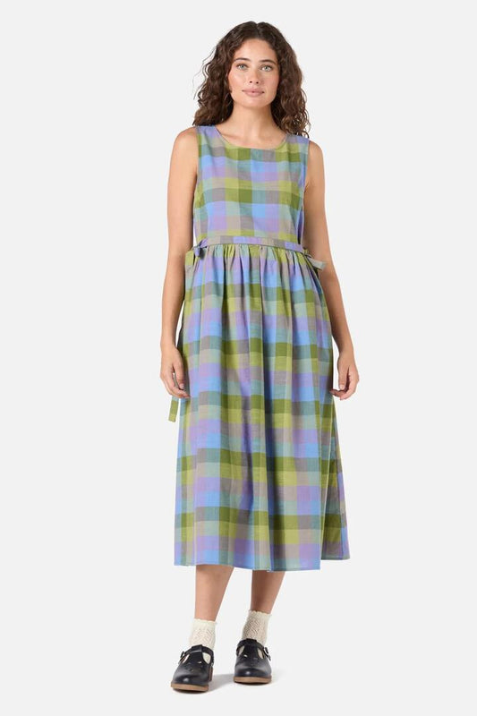 Image of a model wearing Dress. Productname: Maxine Check Midi Dress in Olive colour by brand - Princess Highway