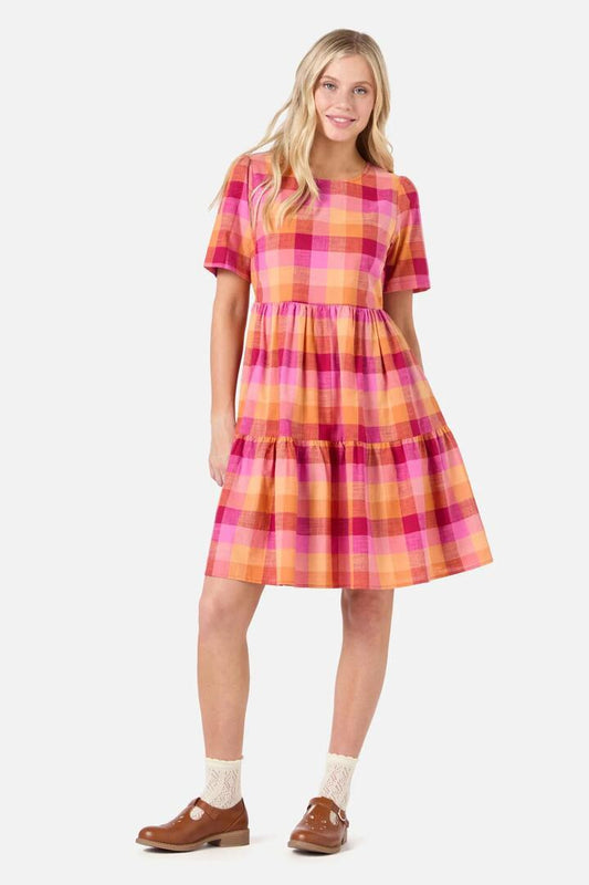 Image of a model wearing Dress. Productname: Maxine Check Smock Dress in Rose colour by brand - Princess Highway