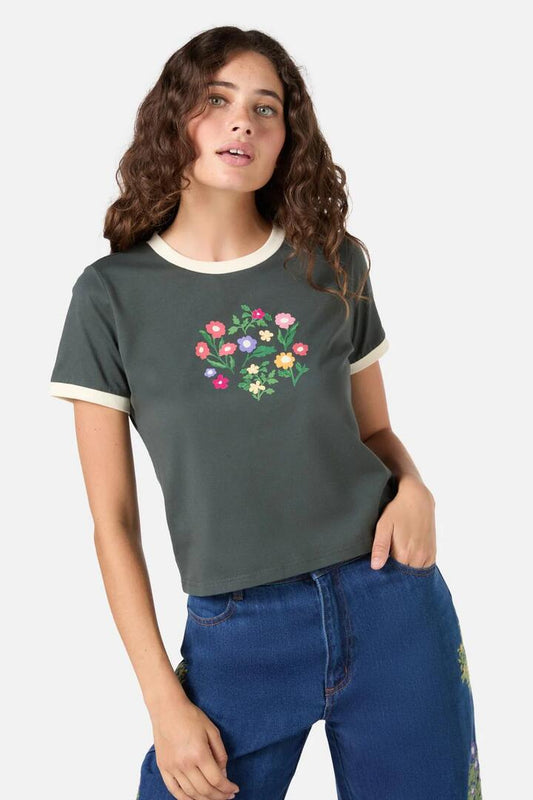 Image of a model wearing Tops. Productname: Lattice Flower Baby Tee in Olive colour by brand - Princess Highway
