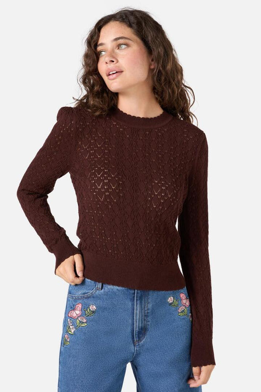 Image of a model wearing Tops. Productname: Annabelle Fancy Knit Top in Chocolate colour by brand - Princess Highway