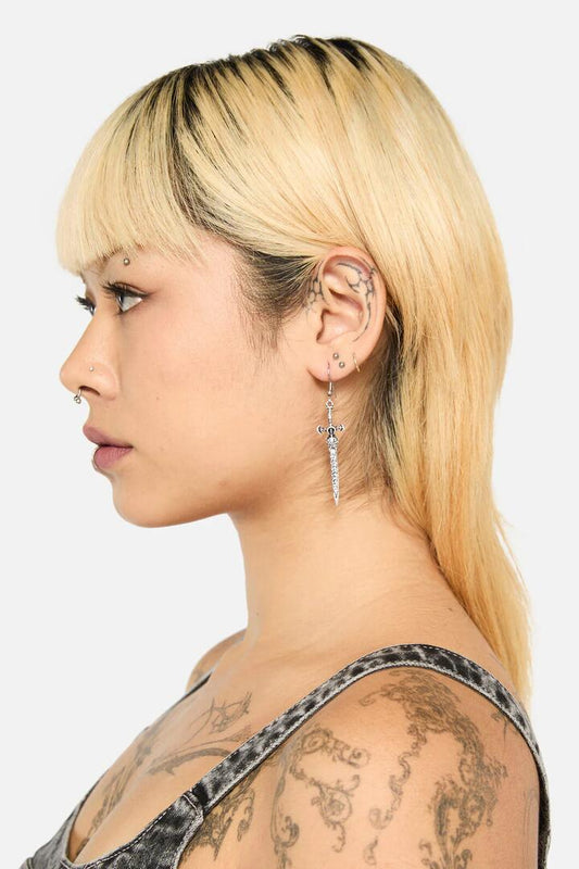 Image of Earrings. Productname: Engraved Sword Earrings in Silver colour by brand - Black Friday