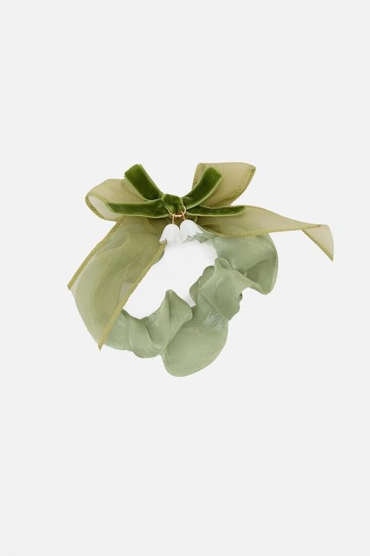 Image of Hair Accessories. Productname: Scrunchie With Bow & Flowers in Green colour by brand - Princess Highway