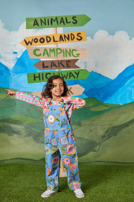 Image of a model wearing Pants. Productname: Wallpaper Kids Overalls in Blue colour by brand - Princess Highway Kids