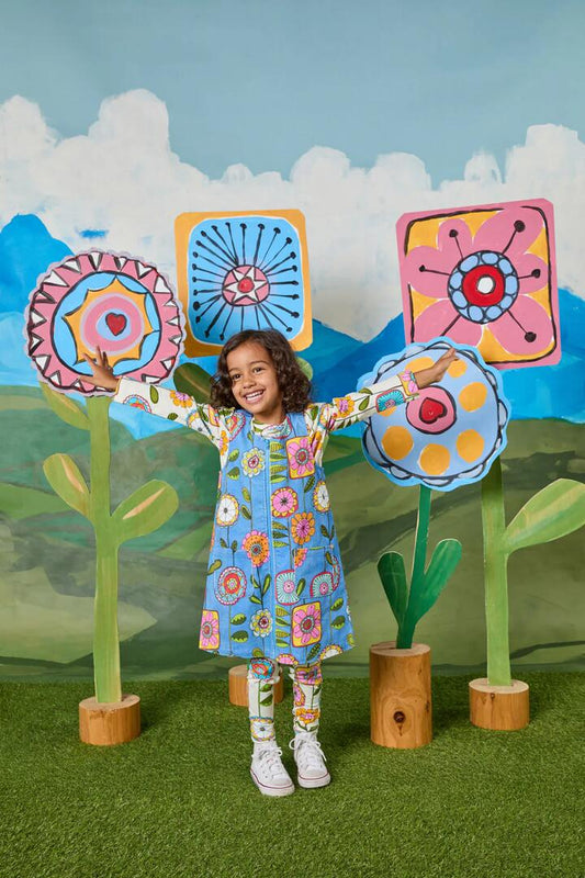 Image of a model wearing Dress. Productname: Wallpaper Kids Pinafore in Blue colour by brand - Princess Highway Kids