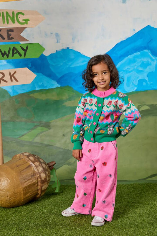 Image of a model wearing Pants. Productname: Woodland Kids Emb Pant in Pink colour by brand - Princess Highway Kids