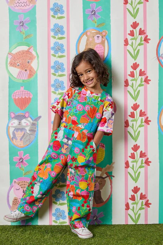 Image of a model wearing Pants. Productname: Woodland Kids Overalls in Green colour by brand - Princess Highway Kids