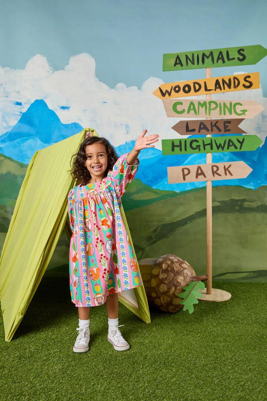 Image of a model wearing Dress. Productname: Woodland Stripe Kids Dress in Multi colour by brand - Princess Highway Kids