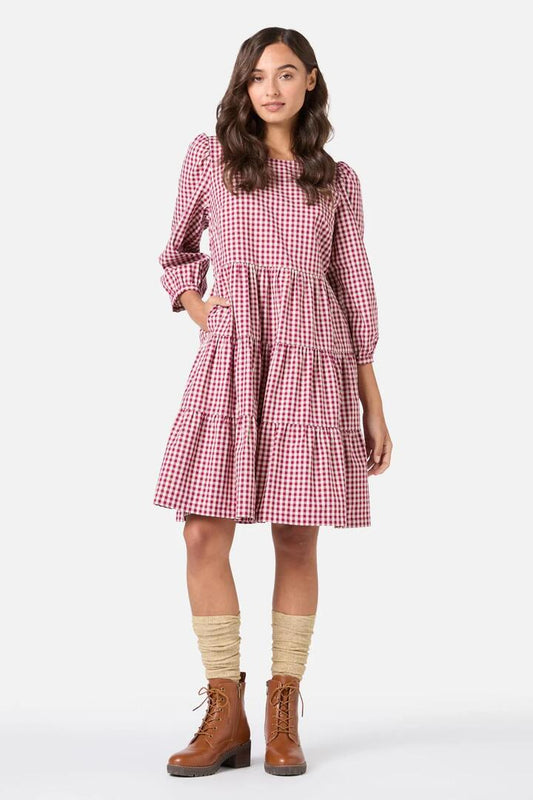 Image of a model wearing Dress. Productname: Renae Check Smock Dress in Berry colour by brand - Princess Highway