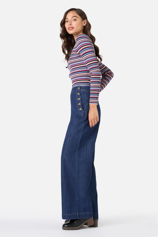 Image of a model wearing Denim. Productname: Sailor Denim Jean in Blue Denim colour by brand - Princess Highway