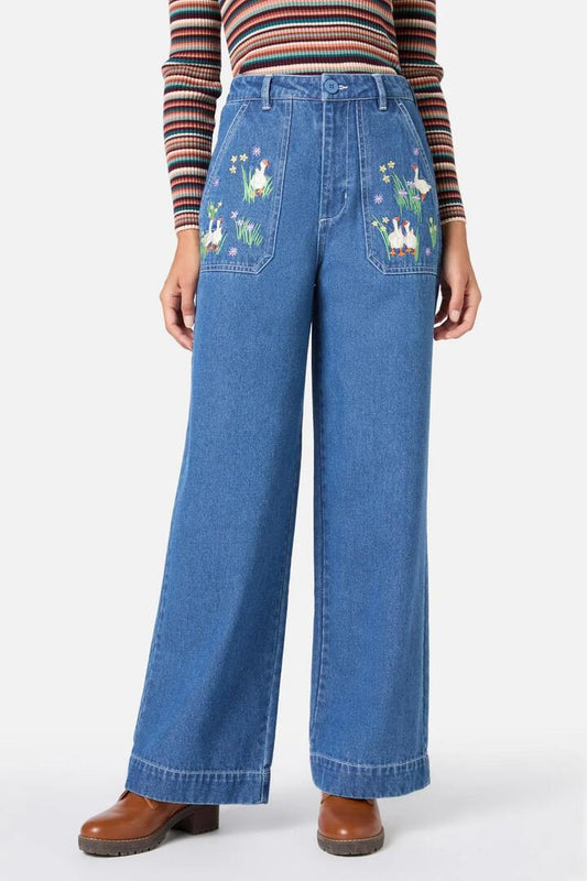 Image of a model wearing Denim. Productname: Goose Embroidered Denim Jean in Blue Denim colour by brand - Princess Highway