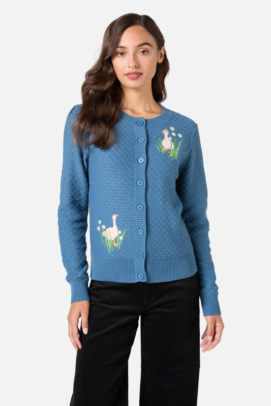 Image of a model wearing Outerwear. Productname: Goose Embroidered Cardigan in Blue colour by brand - Princess Highway