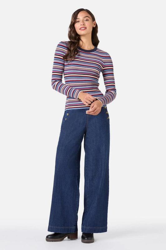 Image of a model wearing Tops. Productname: Lucy Stripe Knit Top in Navy colour by brand - Princess Highway