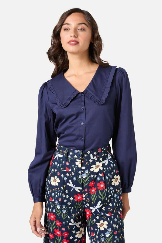 Image of a model wearing Tops. Productname: Sherry Cute Collar Blouse in Navy colour by brand - Princess Highway