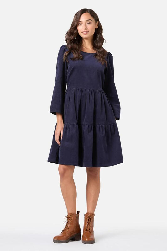 Image of a model wearing Dress. Productname: Demi Cord Mini Dress in Navy colour by brand - Princess Highway