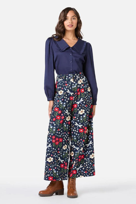 Image of a model wearing Pants. Productname: Garden Life Culotte in Navy colour by brand - Princess Highway