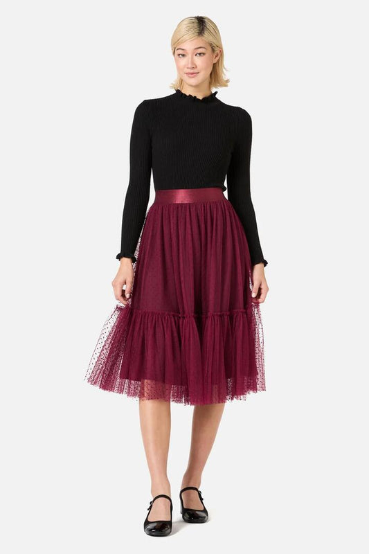 Image of a model wearing Skirts. Productname: Keira Tulle Midi Skirt in Wine colour by brand - Princess Highway