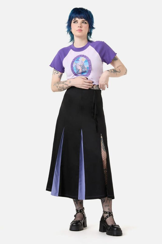 Image of a model wearing Skirts. Productname: Moon Time Pleated Skirt in Black colour by brand - Dangerfield