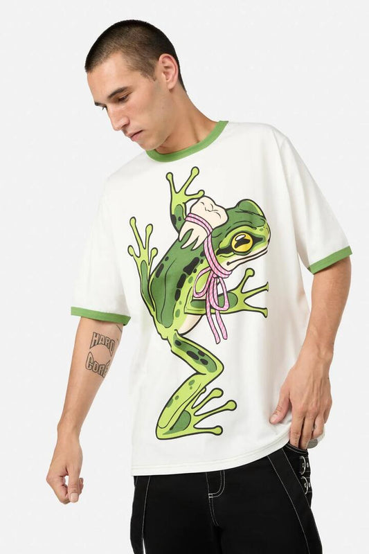 Image of a model wearing Tops. Productname: Fancy Frog Tee in Cream colour by brand - Dangerfield