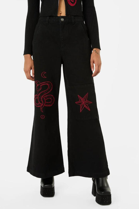 Image of a model wearing Denim. Productname: Grace Wide Leg Jeans in Black colour by brand - Black Friday
