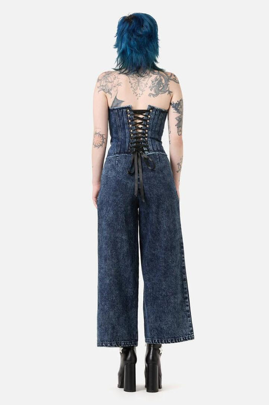Image of a model wearing Denim. Productname: Never Mind The Denim Corset Top in Blue colour by brand - Dangerfield