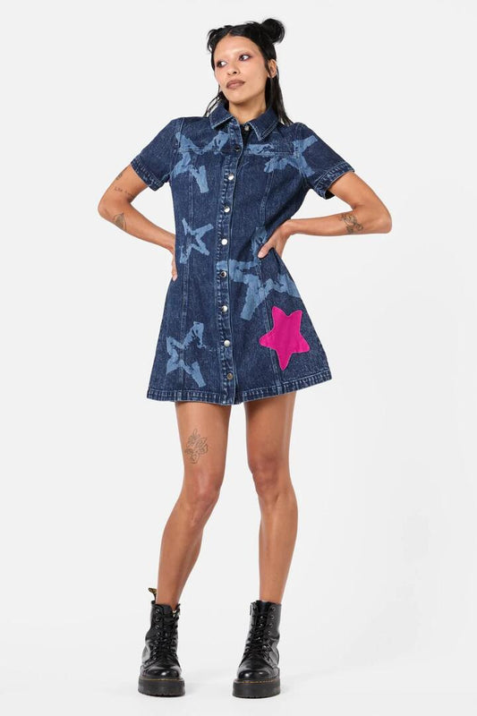 Image of a model wearing Denim. Productname: Never Mind The Denim Dress in Blue colour by brand - Dangerfield