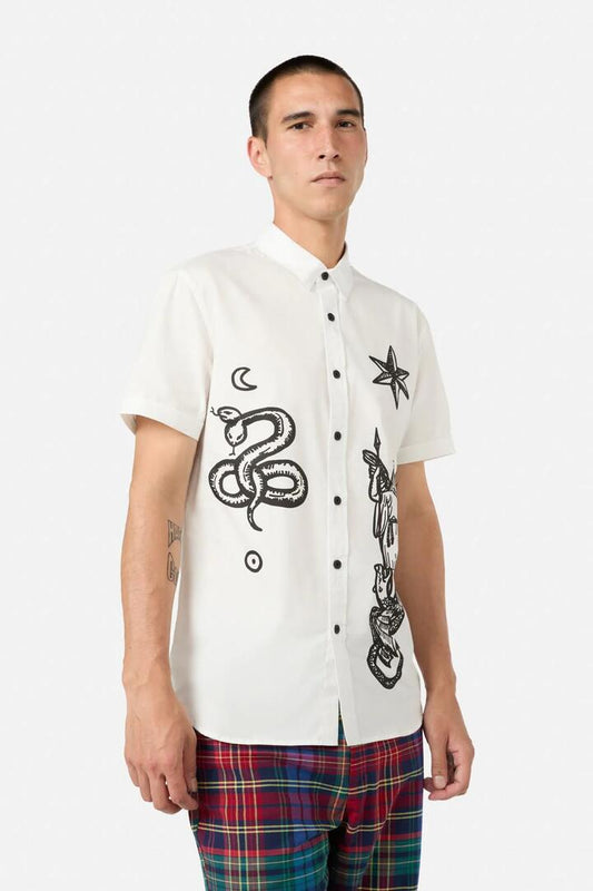 Image of a model wearing Tops. Productname: Grace Placement SS Shirt in White colour by brand - Black Friday
