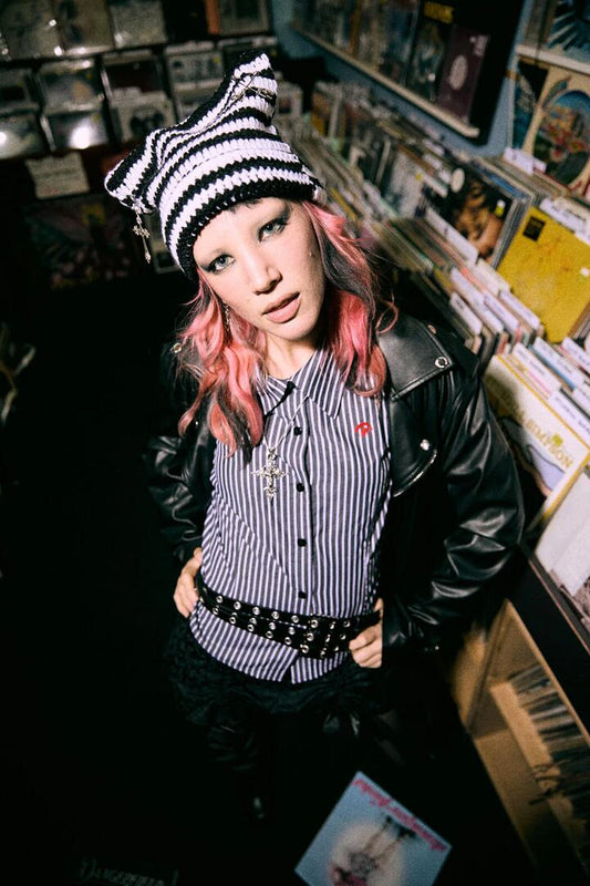 Image of Hats. Productname: White Charming Stripe Beanie in Black/White colour by brand - Black Friday