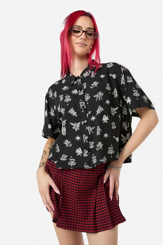 Image of a model wearing Tops. Productname: Darc Printed Blouse in Black colour by brand - Black Friday