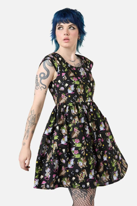 Image of a model wearing Dress. Productname: Collectors Guild Print Dress in Black colour by brand - Dangerfield
