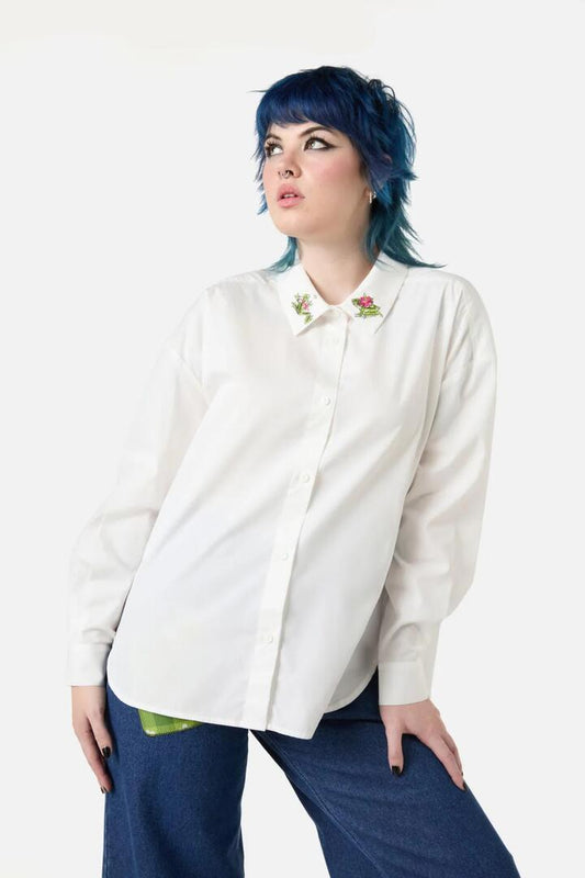 Image of a model wearing Tops. Productname: Critters Collared Shirt in Cream colour by brand - Dangerfield