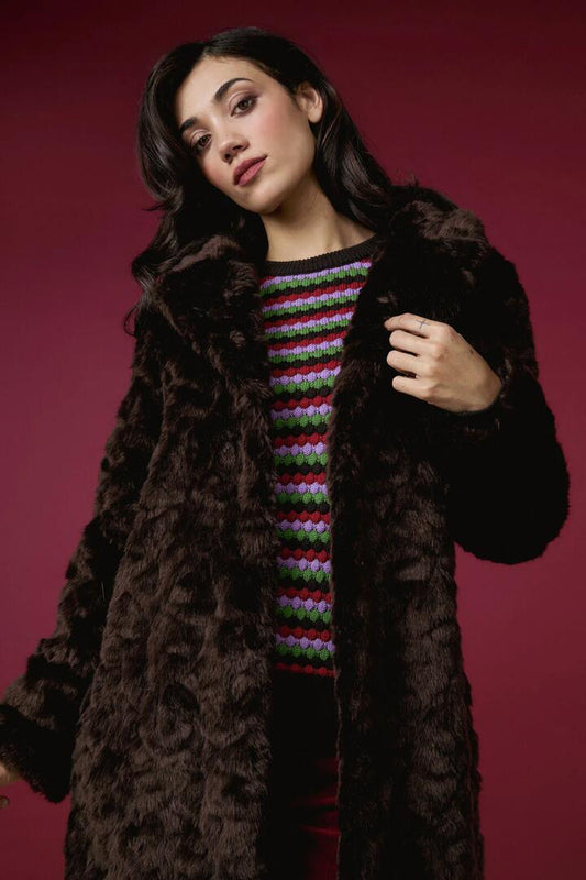 Image of a model wearing Outerwear. Productname: Bailey Faux Fur Coat in Chocolate colour by brand - Princess Highway