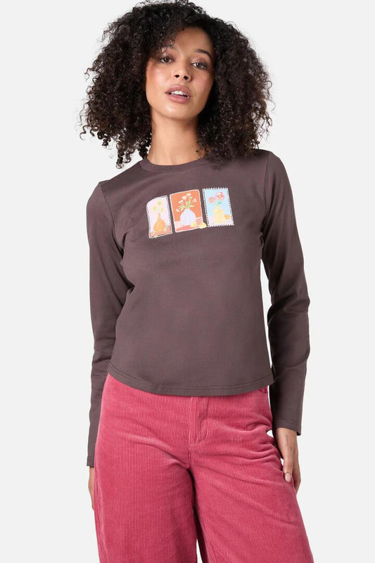 Image of a model wearing Tops. Productname: Flower Vases Long Sleeve Tee in Chocolate colour by brand - Princess Highway