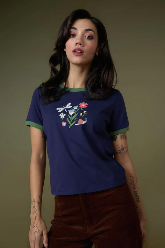 Image of a model wearing Tops. Productname: Garden Life Tee in Navy colour by brand - Princess Highway