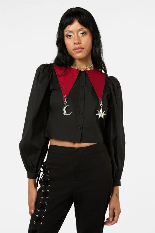 Image of a model wearing Tops. Productname: Puppet Show Statement Blouse in Black colour by brand - Black Friday