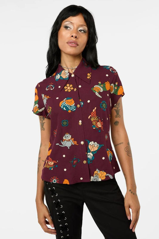 Image of a model wearing Tops. Productname: Left Right Print Blouse in Maroon colour by brand - Black Friday