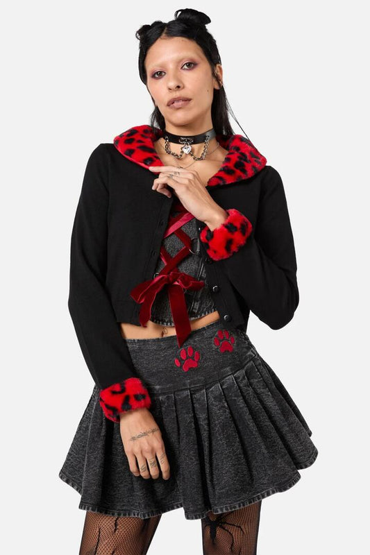 Image of a model wearing Outerwear. Productname: Moggy Faux Fur Trim Cardigan in Black colour by brand - Dangerfield