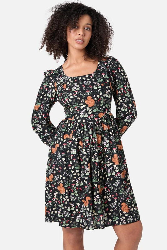 Image of a model wearing Dress. Productname: Squirrel Away Mini Dress in Black colour by brand - Princess Highway
