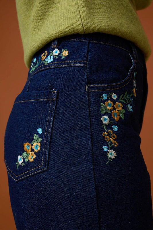Image of a model wearing Denim. Productname: Ada Embroidered Jean in Blue Denim colour by brand - Princess Highway