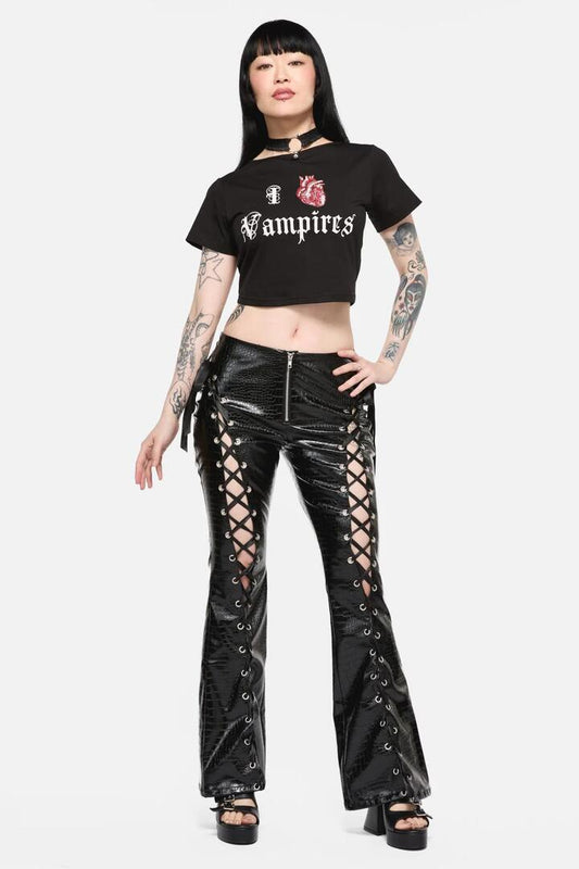 Image of a model wearing Tops. Productname: Vampire Lover Fitted Tee in Black colour by brand - Black Friday
