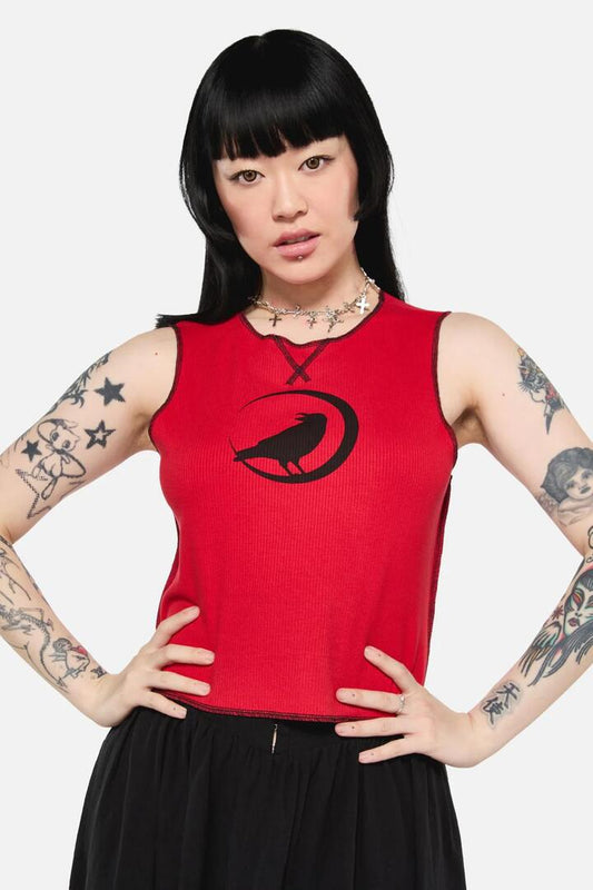 Image of a model wearing Tops. Productname: Wahn Ribbed Jersey Tank in Red colour by brand - Black Friday