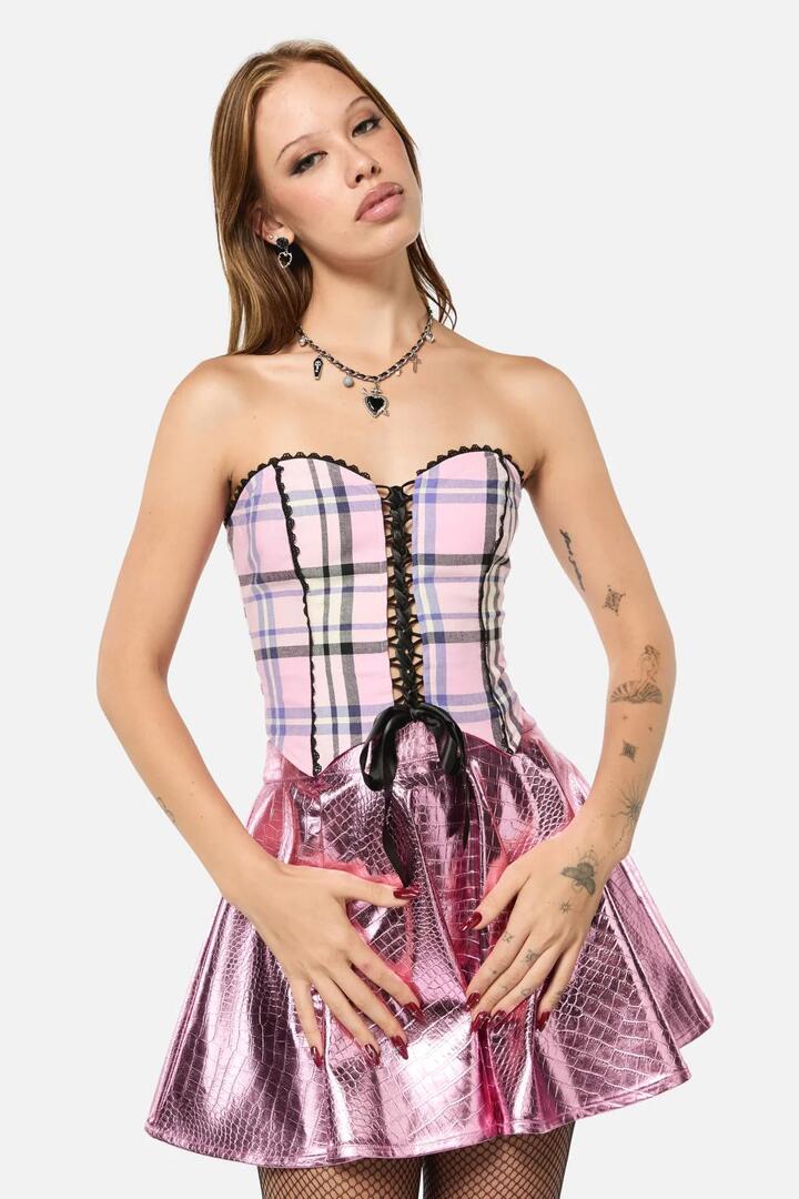 Image of Lingerie. Productname: Dragon Scales Tartan Tie Up Corset in Pink colour by brand - Black Friday