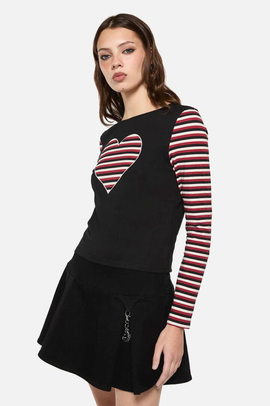 Image of a model wearing Tops. Productname: Sucked In Gothic Contrast Sleeve Top in Black colour by brand - Dangerfield