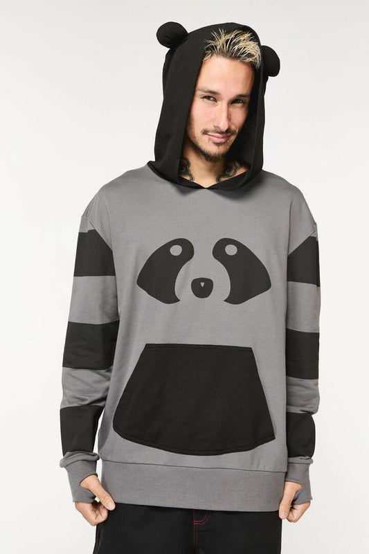 Image of a model wearing Outerwear. Productname: Racoon Stripes Hoodie in Black/Grey colour by brand - Dangerfield
